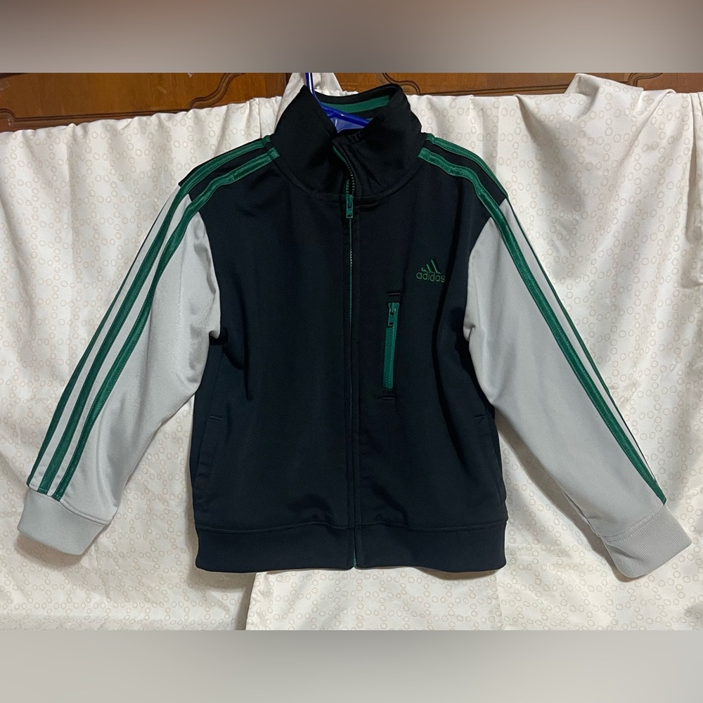 Adidas Full Zip Jacket Gray /Black Green Stripes Size 4